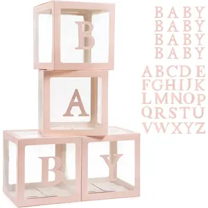 Boxes with 42 count Letters for  Shower Transparent Balloon Boxes Clear Balloon Box Blocks for Boy Girl Gender Reveal Party and Birthday Party (Pink)
