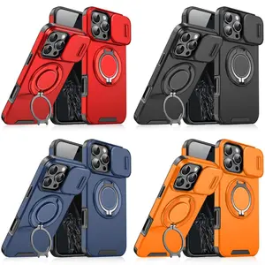 Rugged Protective hard PC Phone Case for iPhone 17 Air & 16/15/14/13/12 Pro Max - Rotary lens cap / Slide Camera Cover with Rotating Ring Kickstand, Shockproof Rugged Heavy Duty Protection