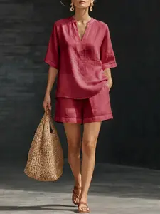 2026 Summer New V-Neck Casual Shirt with Fold-Over Collar, Stylish Two-Piece Set, Perfect for Daily Wear, Comfortable and Trendy