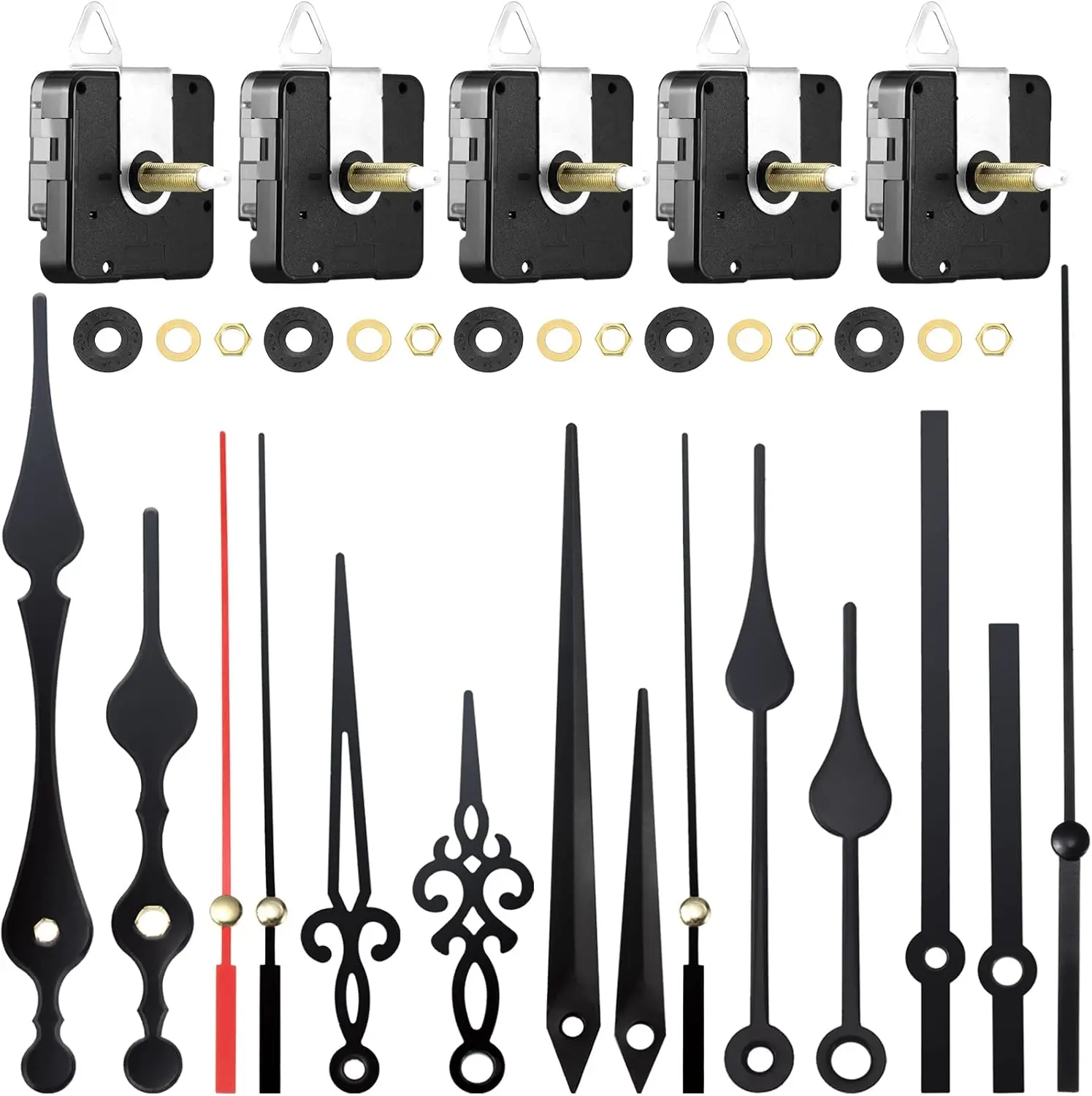 DIY Wall Clock Mechanism Replacement Kit, 10-Pack Aluminum Quartz Long Shaft Set with 5 High-Torque Motors, 5 Pairs Hands, 1x1.5V AA Carbon Battery, 28mm/1.1in Brass Repair Parts, Multiple Styles
