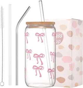 Coquette Cute Pink Bow Glass Cups with Lids and Straws, Aesthetic Iced Coffee Cup, Girly Preppy Design Tumbler Mug for Teen Girls Women Girlfriends Gifts