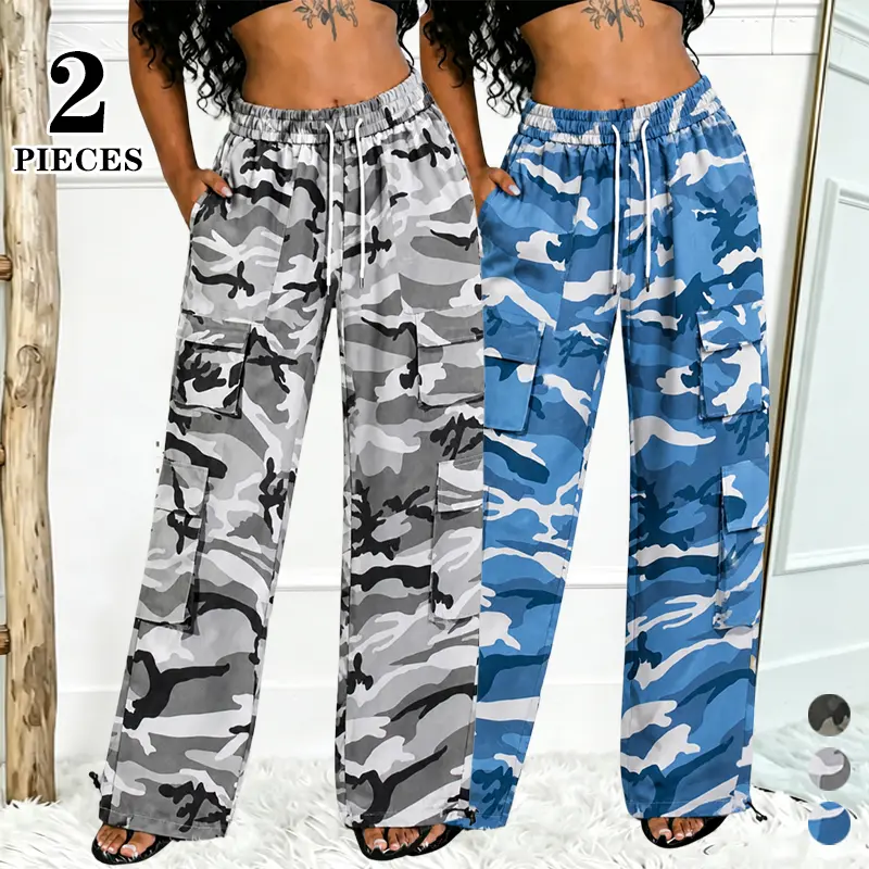 Women’s camouflage cargo pants, 2-pack — new design with side flap pockets and drawstring waist; long casual women’s trousers for all seasons; multi-pocket design; loose camouflage cargo pants; versatile loose athletic wide-leg pants; suitable for dates a