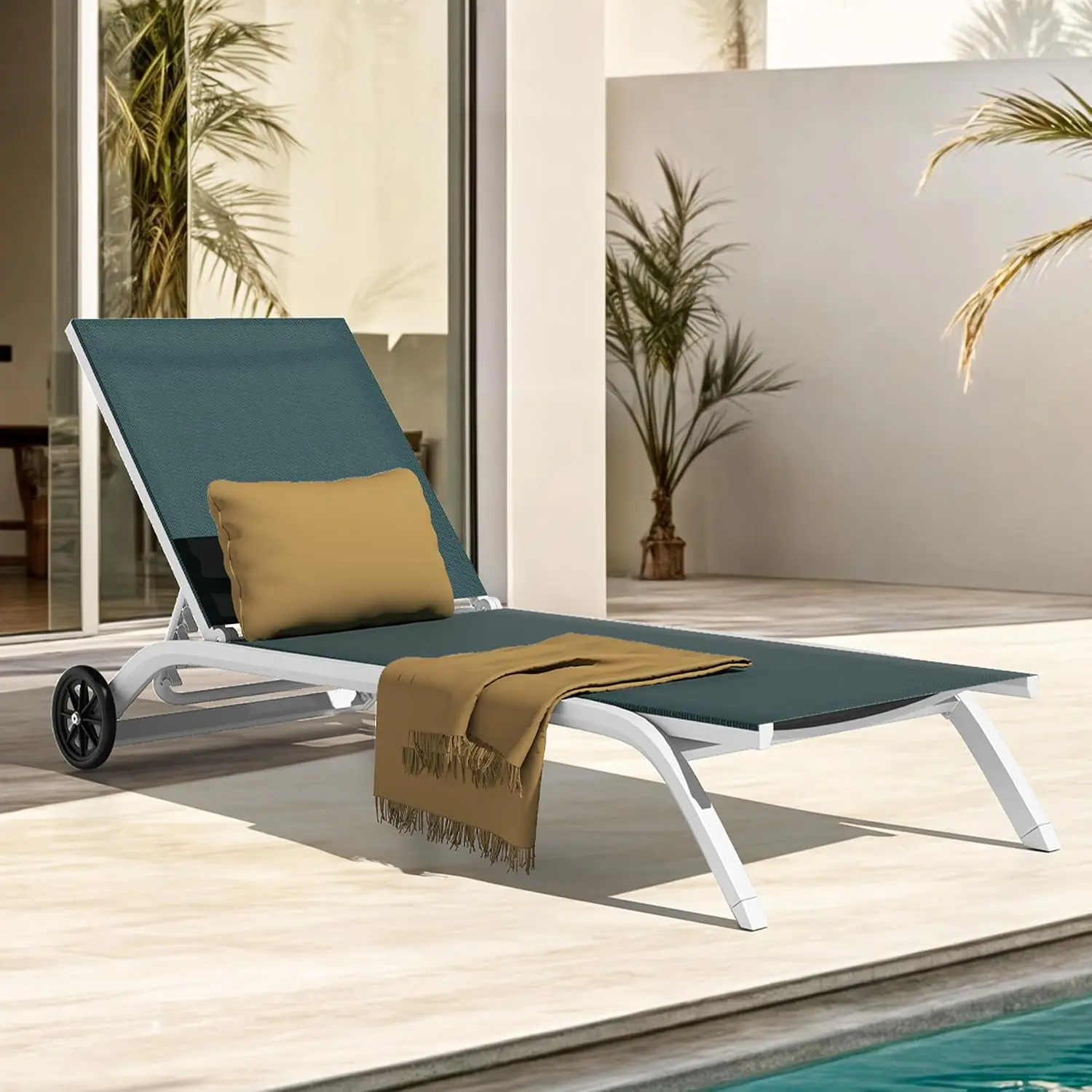 YITAHOME Aluminum Chaise Lounge Chair with Extended Width, Outdoor Pool Lounge Chair with 5-Level Adjustable Backrest and Wheels, Ideal for Poolside, Patio, and Lawn Use, Dark Green