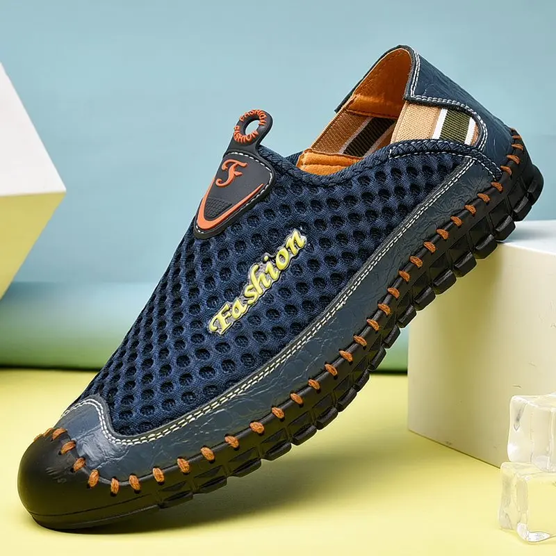 Men’s Summer Leather Mesh Breathable Casual Shoes – Closed Footwear, Lightweight Trainer Sneaker Style