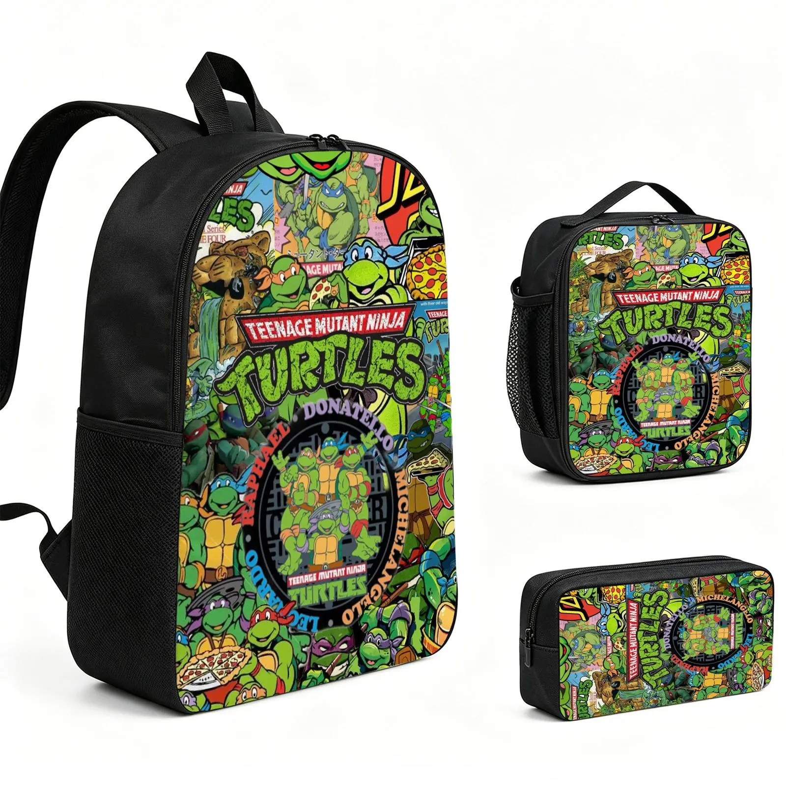 ninja turtle Backpack 3pcs Set with Vibrant Print, Durable School Bookbag with Insulated Lunch Tote and Pencil Bag for Teens Boys Girls, Multi-Functional Laptop Travel Daypack Gift for Kids L-215