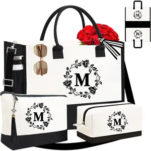 Adyoung Monogrammed Tote Bags, 3 count Initial Personalized Monogram Tote Bags for Women, Birthday Gifts Tote Letter Canvas Bag