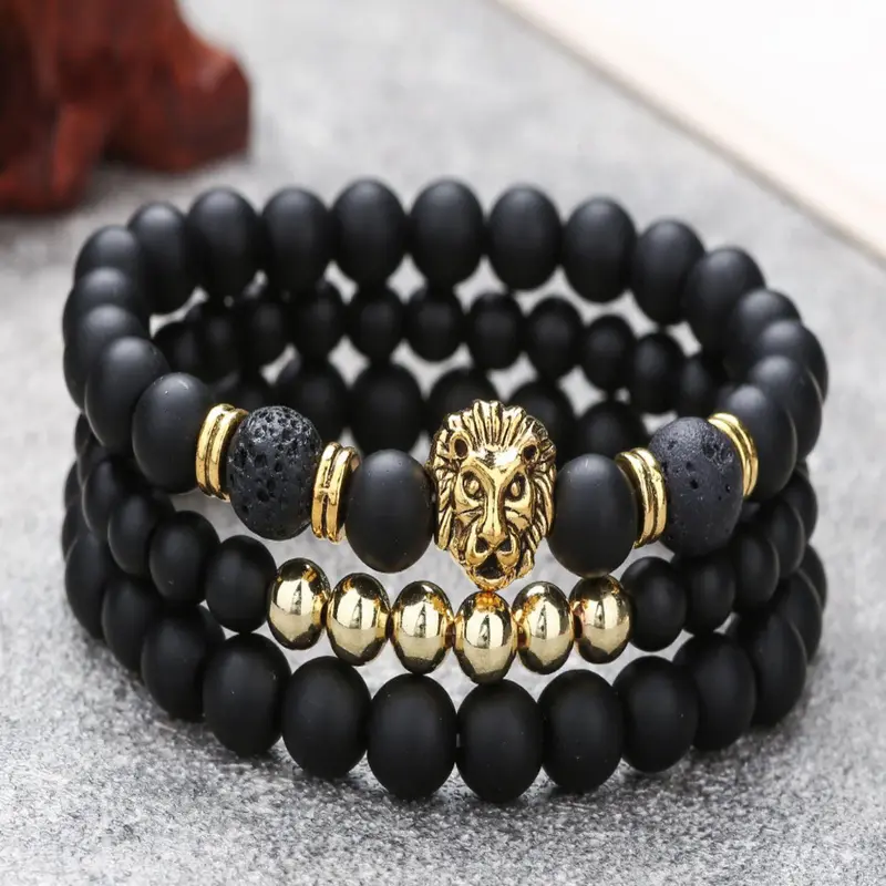 Men's Vintage Lion Head Decor Beaded Bracelets, Trendy Natural Stone Stackable Bracelets, Fashion Jewelry for Party, Daily Decor, Bracelet Set