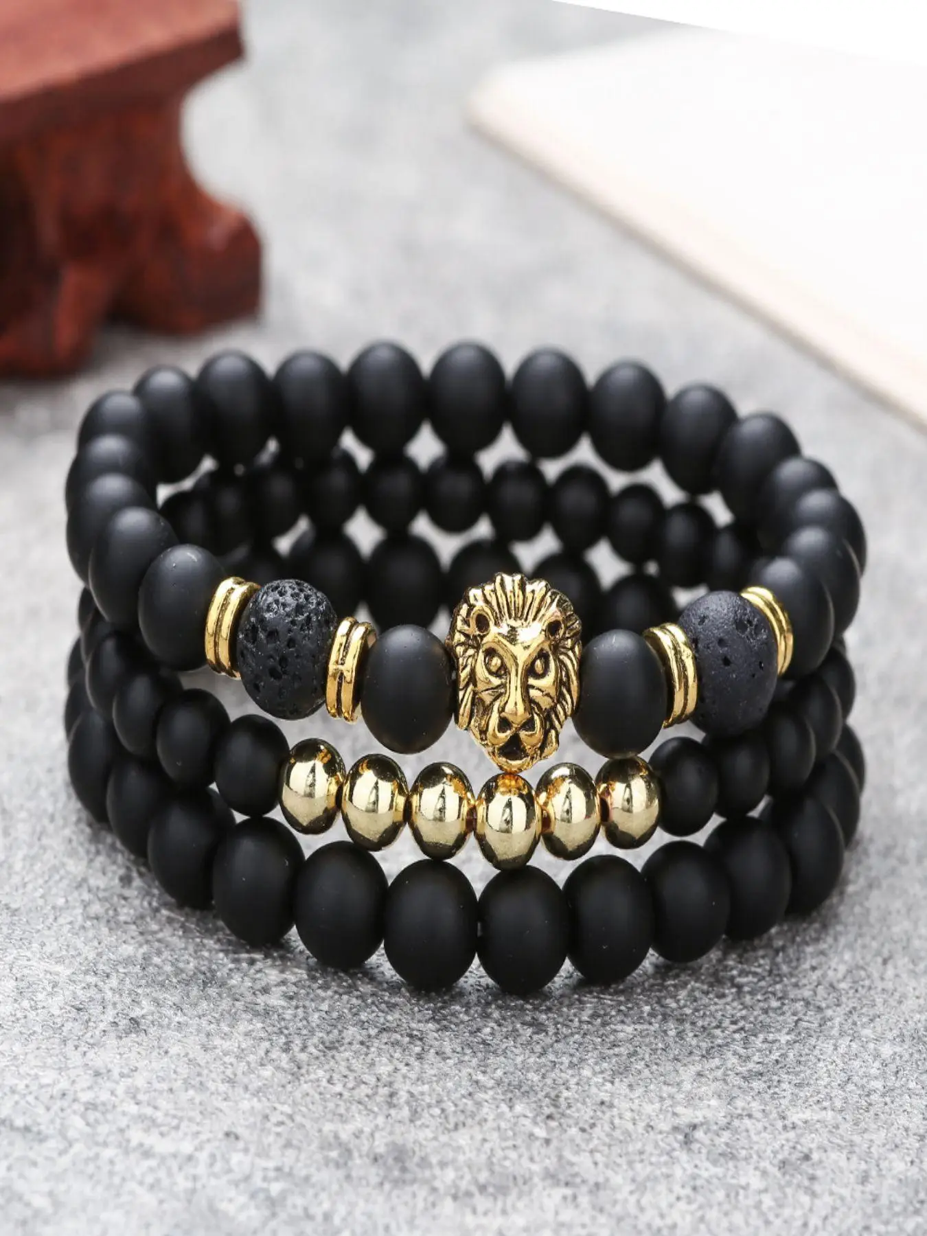 Men's Vintage Lion Head Decor Beaded Bracelets, Trendy Natural Stone Stackable Bracelets, Fashion Jewelry for Party, Daily Decor