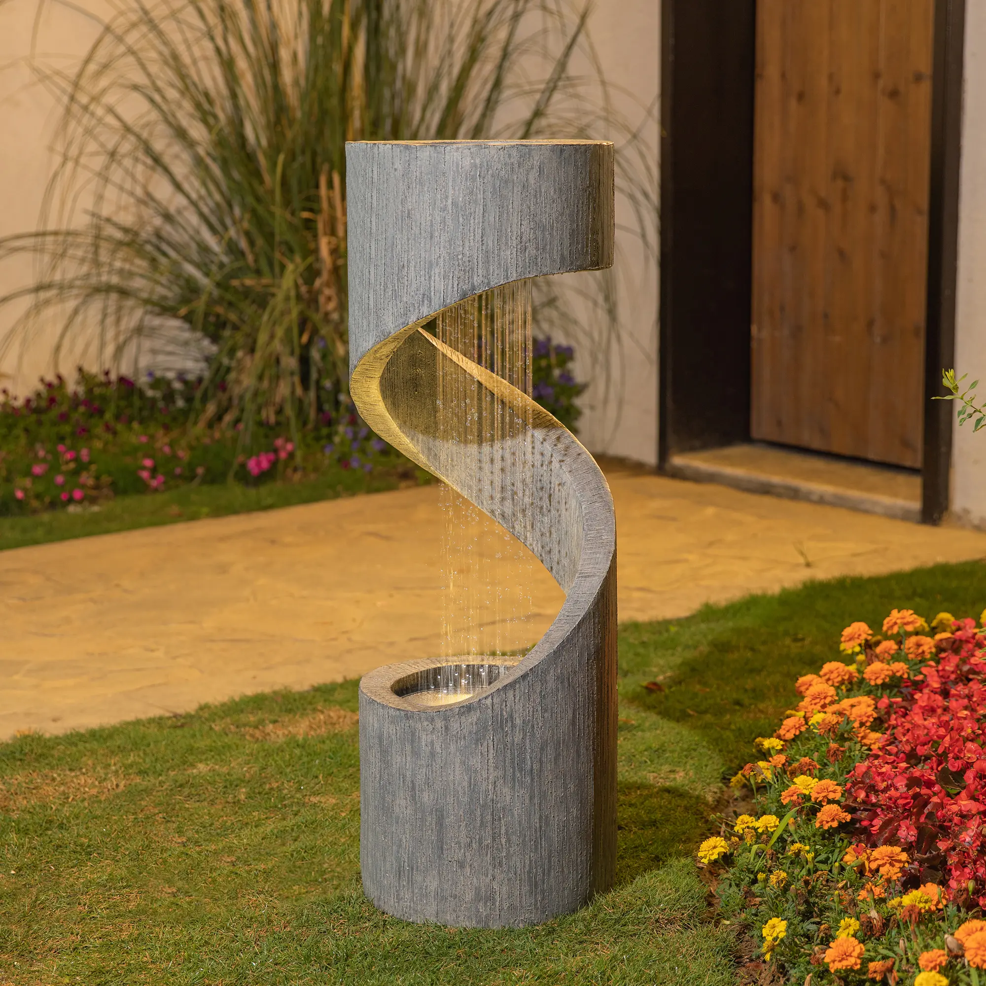 Glitzhome 40"H Oversized Spiral Shaped Outdoor Polyresin Fountain with Pump and LED Light (KD)
