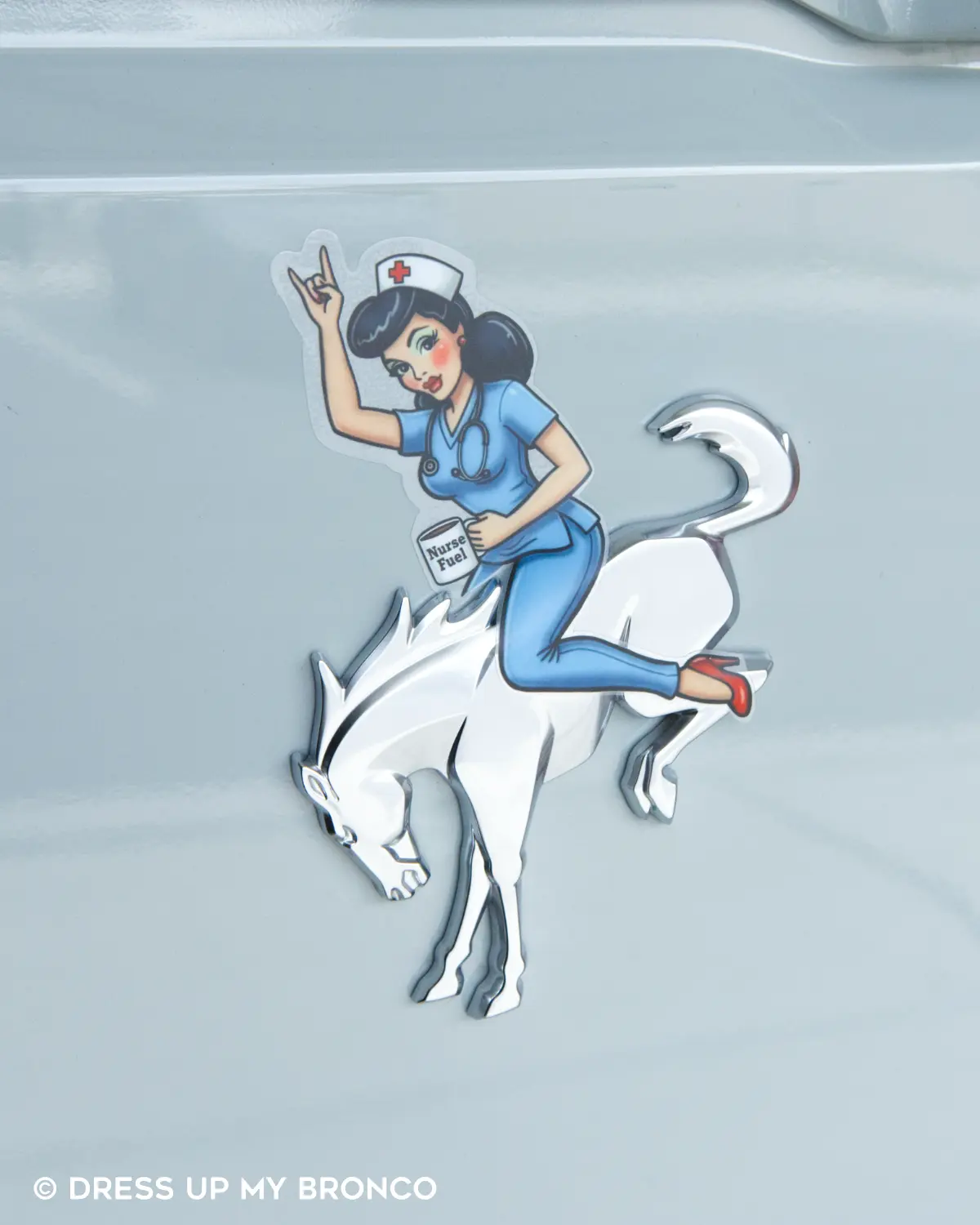 Bronco Nurse Bombshell (On Call) — Bronco Rear Emblem Vinyl Decal (Careers Vibes Edition)