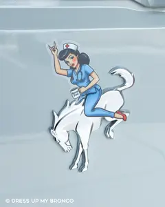 Brunette Bronco Nurse Bombshell — Bronco Rear Emblem Vinyl Decal (Careers Vibes Edition)