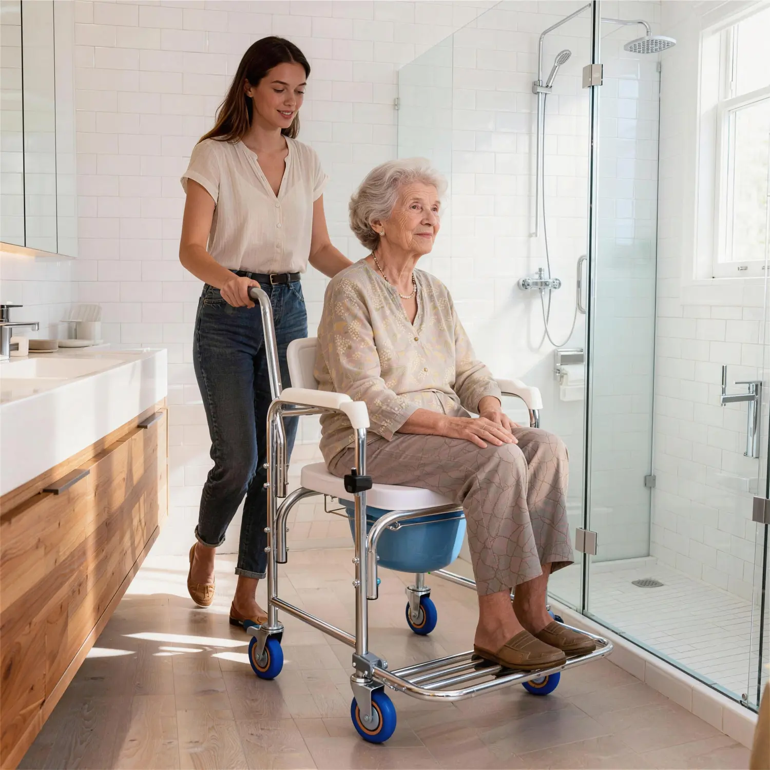 4-in-1 Foldable Shower Commode Chair with Handles and Lockable Wheels