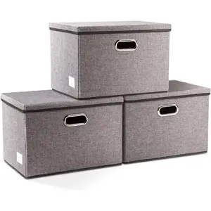 PRANDOM Large Collapsible Storage Bins with Lids [3-Pack] Linen/Cotton Blend Foldable Storage Boxes Organizer Containers Baskets Cube with Cover for Home Bedroom Closet Office Nursery(17.7x11.8x11.8)