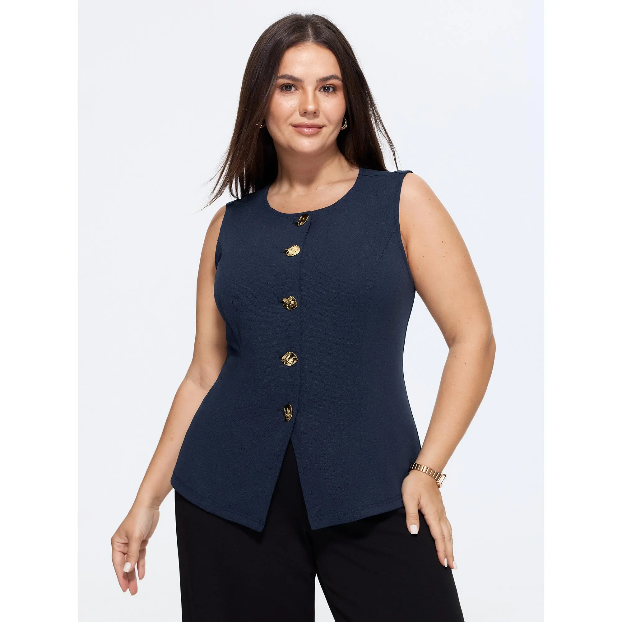 BloomChic Plus Size Fitted Blazer Vest, Solid Sleeveless Button-Front Top for Casual Wear, Polyester Spandex Blend, Tops, Fabric, Low Iron, Women