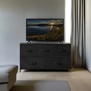 Dresser for Bedroom with 5 Drawers, Wide Storage Chest of Drawers with Removable Fabric Bins for Closet Bedside Nursery Living Room Laundry Entryway Hallway, Charcoal Grey 5 Drawers Dresser  Dresser for Bedroom, Storage Dresser