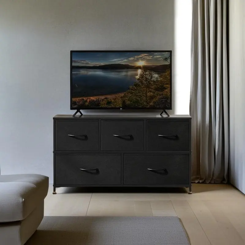 Dresser for Bedroom with 5 Drawers, Wide Storage Chest of Drawers with Removable Fabric Bins for Closet Bedside Nursery Living Room Laundry Entryway Hallway, Charcoal Grey 5 Drawers Dresser  Dresser for Bedroom, Storage Dresser