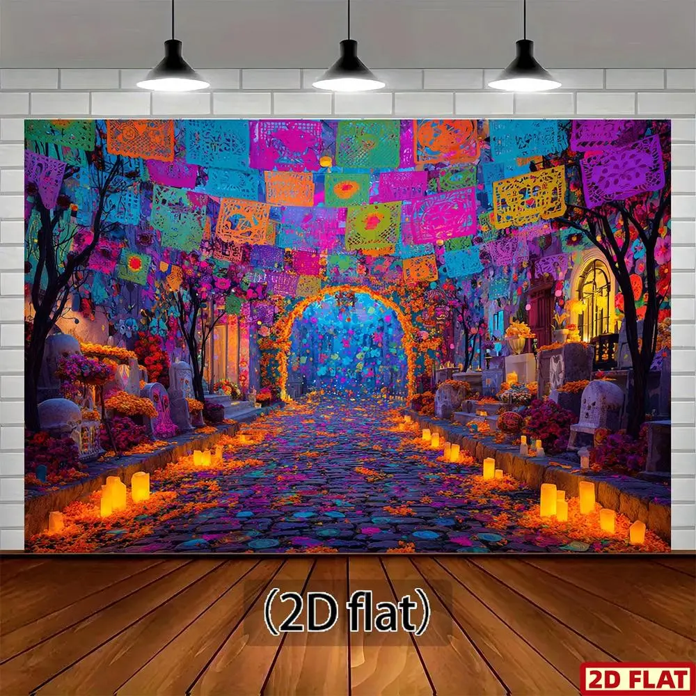 2D Flat Mexican Folk Art Day of the Dead Textile Backdrop - Mexican Print Panels, Realistic Papel Picado Flags, Color-Coded Cemetery Path Altar Arch, Easy-Hanging 210cm x 150cm White Photo Banner, Ideal for Altars, Weddings, Video Shoots, Ideal For Weddin