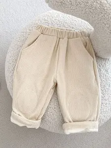 Autumn Winter New Baby Boys Girls 0-3 Years Casual Straight Leg Pants Knee Protection Embroidered Corduroy Fleece Long Pants Baby Boy Clothes