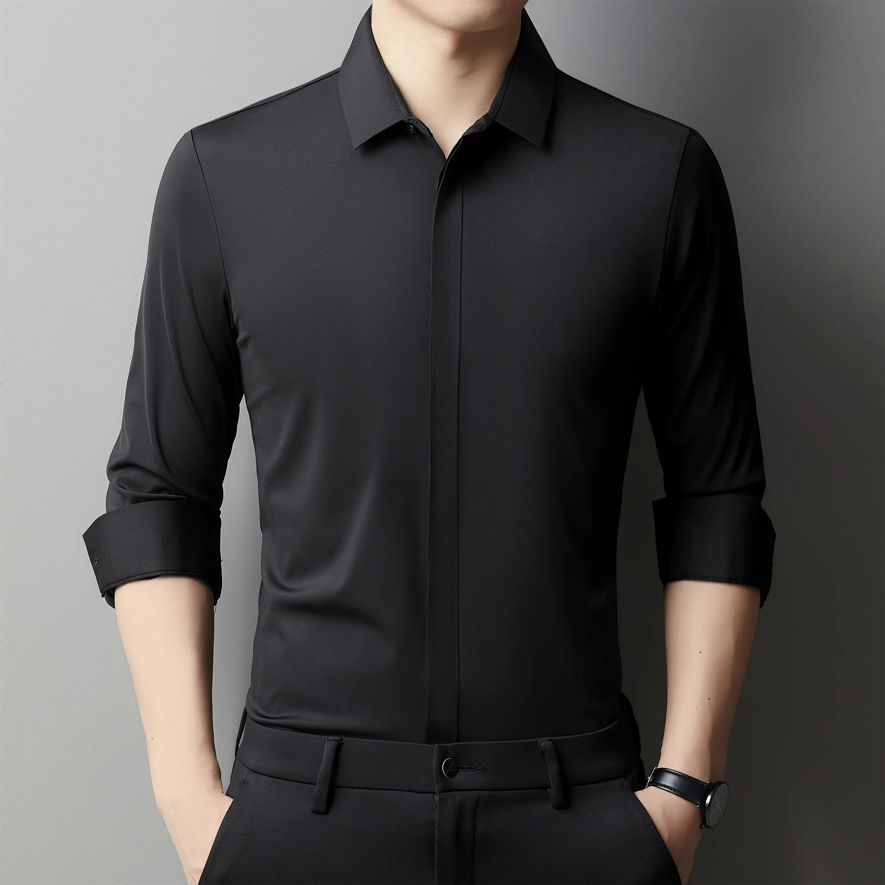 Wrinkle-Resistant Non-Iron Men's Formal Long Sleeve Shirt, High Stretch Seamless Cut Casual Dress Shirt With Concealed Placket, Ideal For Office, Weddings, Parties, Golf & More