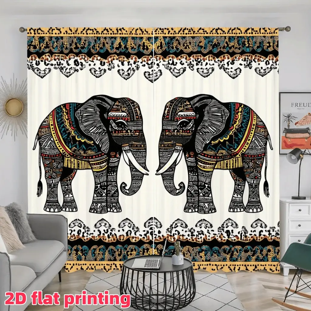 2D Flat 2Pcs Tribal Elephant Curtains, Bohemian Style Window Drapes, Ethnic Pattern Sunshade Privacy Panels for Living Room Bedroom Decor, Exotic Theme Treatment, Home Textile Accessories.