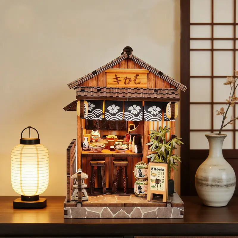 3D Wooden Miniature Japanese Cottage DIY Kit - Creative Building Block Puzzle, Desk Nook Charm, Bookshelf Insert Bookend, Light-Up Toy, Hobbies Kit Adults, Quirky Whimsical Unique Cool Gifts for 12+ Craft Lovers