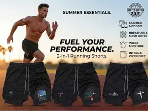 [Father's Day Gift] Men's 2-in-1 Christian Cross Quick-Dry Training Shorts, breathable mesh high-performance shorts, sports and fitness shorts, printed with a faith-themed pattern, suitable for gym training, a must-have item for summer sports.