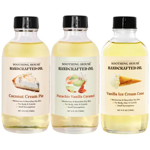 Soothing House Dream Trio Gourmand Body Oil Bundle - Scented Fragrance Aroma Daily Body Care Set with Coconut Cream Pie, Pistachio Caramel, Ice Cream Cone Scents, 4 Fl oz, Luxury Body Oils