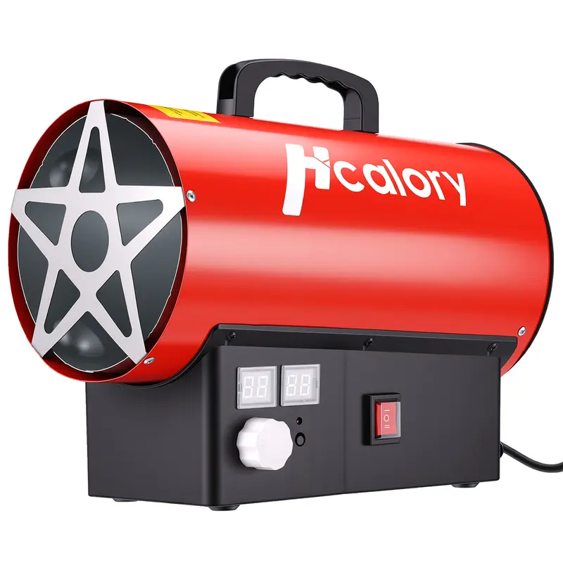 Hcalory 60000 BTU Forced Air Propane Heater, Fuel Consumption as Low as 1.09 kg/hr, Auto 25-131℉ ON-OFF Control, Digital Display Screen, Compatible with US Propane Tanks, for Garage, Construction Site