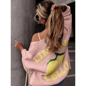 Autumn Winter V Neck Knit Cardigan, Fashionable Lemon Pattern Design, Loose Casual Style, Elegant Women's Sweater Top(Sheet)