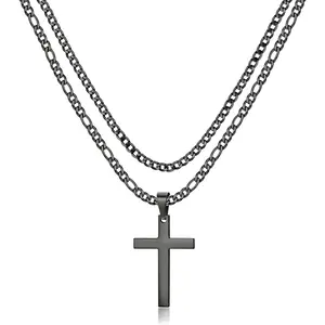FLORIDECO Stainless Steel Silver Black Layered Rope Chain Cross Pendant Necklace Cross Necklace Simple Jewelry Gifts Chain Necklace for Men Women Boys Girls Daily
