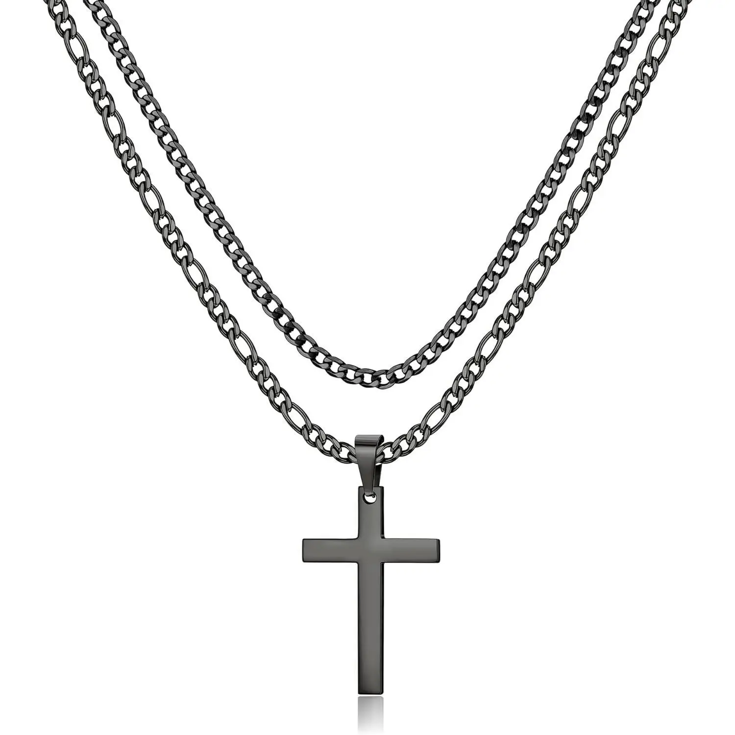 FLORIDECO Stainless Steel Silver Black Layered Rope Chain Cross Pendant Necklace Cross Necklace Simple Jewelry Gifts Chain Necklace for Men Women Boys