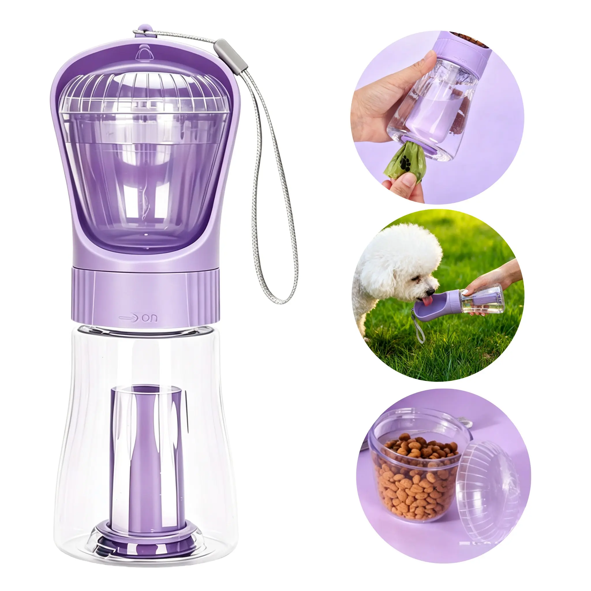 3-In-1 Pet Water Bottle, Food Container, Trash Bag, Drinking Cup, 330ML, Portable for Cats, Small Dogs, Rabbits, Exotic Pets, Outdoor Use