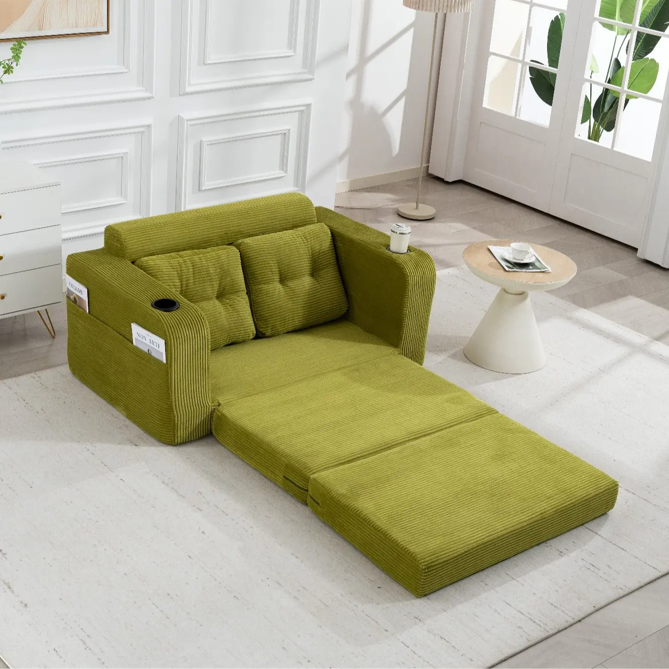 Boneless Loveseat Couch - Corduroy 2-in-1 Convertible Foldable Bed Futon Sets with Fixed Arms, Cup Holders, Side Pockets, Fully Assembled, Compressed Design for Living Room Portable Floor Sleeper Furniture
