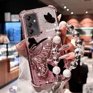 A16 Beautiful Black Butterfly PC Fashion Strap Lanyard Phone Holder Case with Shockproof Cover Compatible with For Samsung Galaxy A16