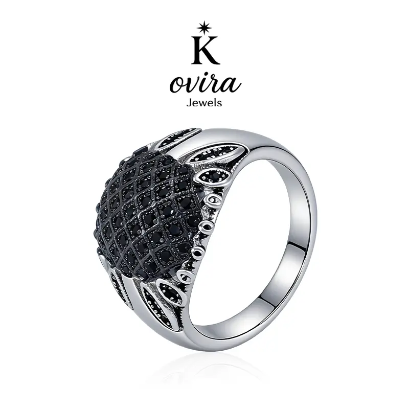 Kovira S925 Sterling Silver Dark Feminine Black Cubic Zircon Armor Luxury Ring for Women - Unique Bold Statement, Protection Gift, Everyday Wear, Luxury Rings