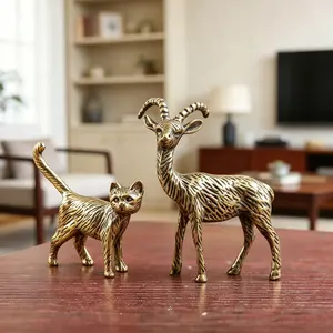 Two-Piece Brass Animal Statues, Vintage Style Goat and Long-Tailed Cat Figurines, Desktop Decor, Lucky Charm, Stress Relief Gift, Home Office Decoration