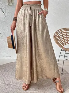 Elegant Metallic Gloss Wide Leg Pants, Holiday Fashion, Women's Casual Wear, Casual Chic Trousers, Boho Comfy Trousers, Stylish and Comfortable, Perfect for Parties and Events