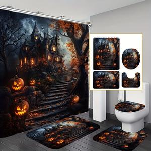 4-piece halloween castle pumpkin light shower curtain set, includes waterproof shower curtain and 12 hooks, non-slip bath mat, toilet u shape mat, toilet seat cover, home bathroom decoration