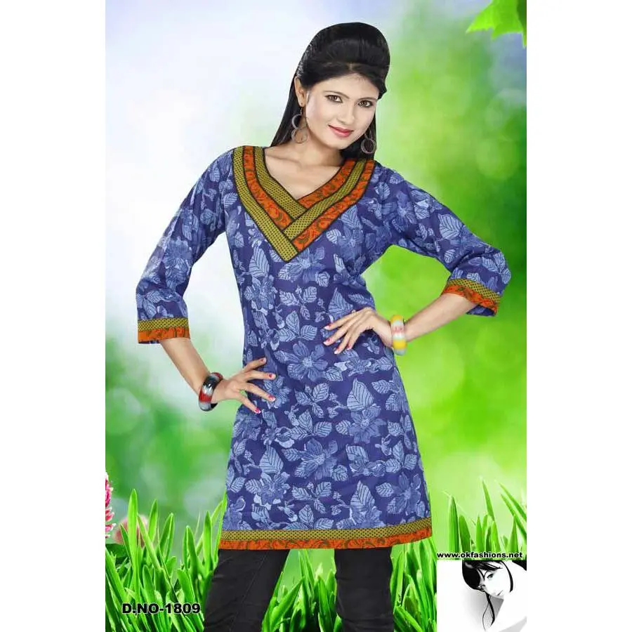 100% Cotton V-Neck Floral Patchwork Olive and Rust Necklace Design Piping Long Kurti Kurta 3/4 Sleeves Tunic Top.