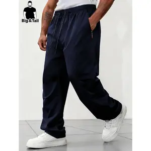 Large men's zipper pocket loose straight leg casual pants Fat and drawstring elastic waistband sports work pants Multi color versatile plus size straight leg leg leg tied casual pants