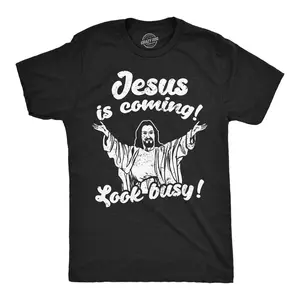 Mens Funny T Shirts Jesus Is Coming Look Busy Sarcastic Religious Graphic Novelty Tee for Men Mens Funny T Shirts Cool Vintage Fashion T-Shirt Gift Classic Menswear Sarcastic Apparel for Men Funny Religious Black -