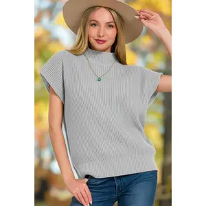 Zenana Women's Structured Shoulder Mock Neck Sweater, a Heavyweight Low Gauge Knit Pullover with Short Sleeves for Casual Style