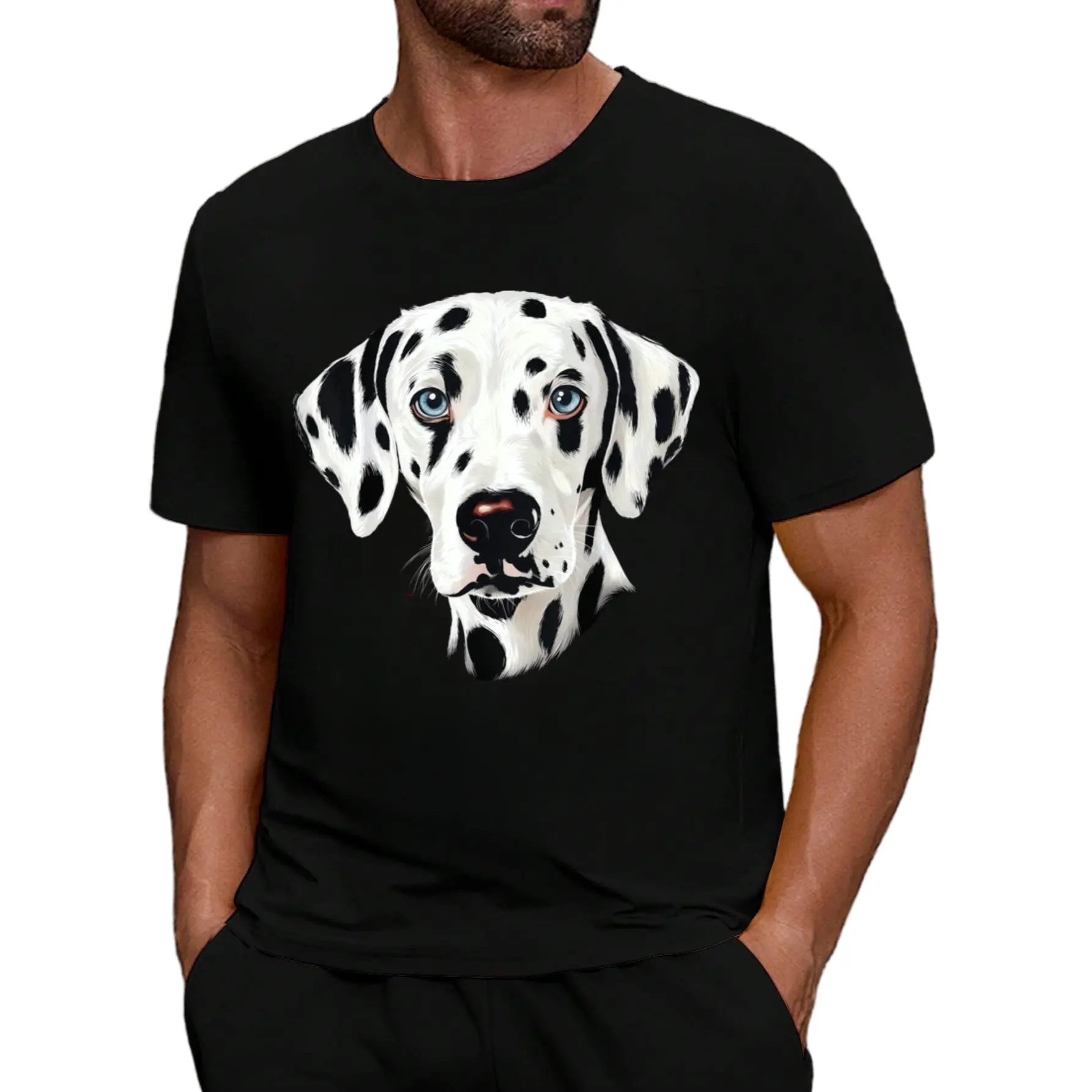 Dalmatian Dog Motif Pet Illustration Blue Eyes Dalmatian T-Shirt For Men Summer Casual Men'S T-Shirt For Outdoor Casual And Casual Wear Microstretch 100%  Fabric Men'S breathable sports T-shirt