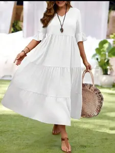 Plus Size Women's V Neck Midi Dress, Pleated Bell Sleeve Layered Flowy Long Dress, Casual Loose Summer Beach Vacation Dress, Daily Wear