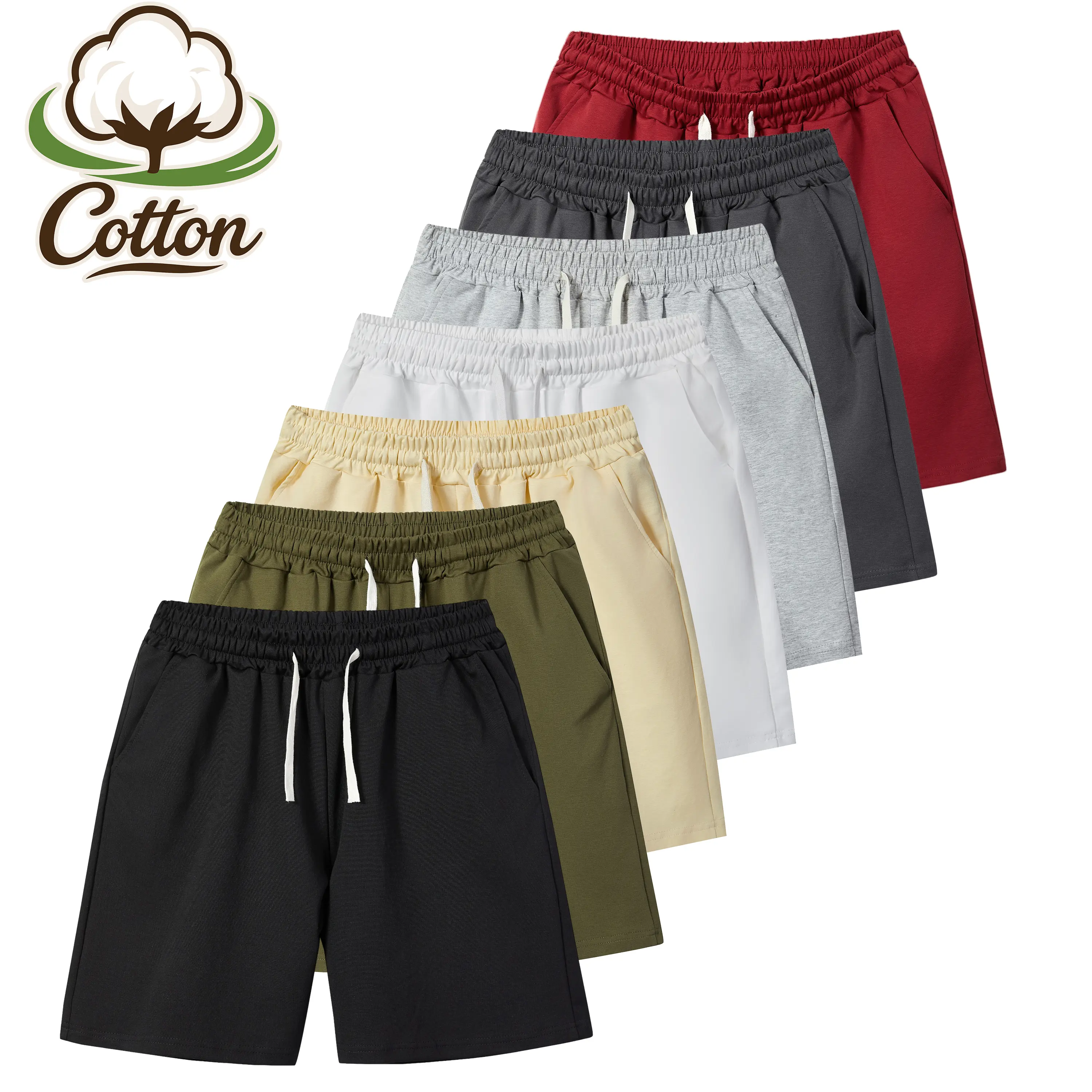 Men's Cotton Blend Casual Shorts, 210 GSM Soft Breathable Stretch Fabric, Slim Fit Elastic Waist Drawstring Shorts with Side Pockets, Lightweight Summer Everyday Lounge Walking Travel Beach Vacation Outdoor Daily Wear Shorts for Men