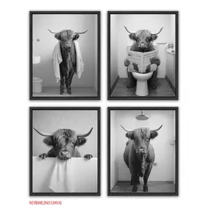 4-Piece Set - Fun Highland Cattle Bathroom Wall Art: Adorable rustic-style bathroom canvas prints, Cute Cow Pattern, perfect for bathroom decor, bedroom, dorm, and home decor; frameless canvas art prints
