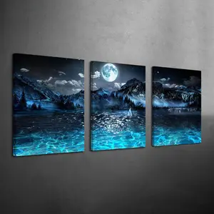 3 Counts Wood Framed Canvas Modern Blue Lake Night Wall Art, Moonlit Mountains Landscape Prints, Ready To Hang, Aesthetic Room Decor, Waterproof Canvas, Artwork Wall Painting For Gift, Wall Decor for Bedroom, Living Room, Dining Room, Bathroom