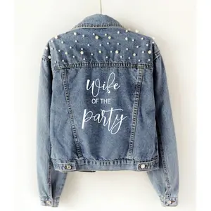 Wife of the Party Pearl jean jacket, Wedding Jacket, Bride Jean Jacket, Denim Jacket for Bridal Shower Gift Idea Bachelorette Party Favor Top Classic Cotton Sweatshirtrt And Elegance Hoodie 4