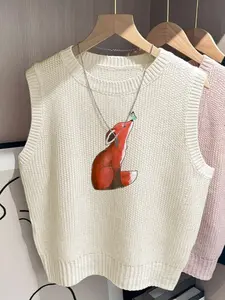Women's Fashion Cartoon Fox Print Sweater Vest, Casual Fitted Top for Fall & Winter, Stylish Layering Piece for Everyday Wear
