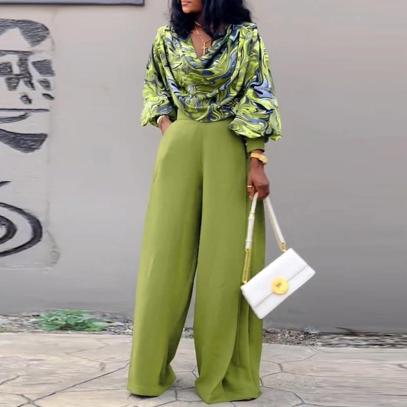 2026 CHICME Women's 2 Pieces Outfit Abstract Print Cowl Neck Lantern Sleeve Loose Top and Casual Ruched Slit Wedding Guest Wide Leg Pants Wedding Set Abstract Print Set Perfect